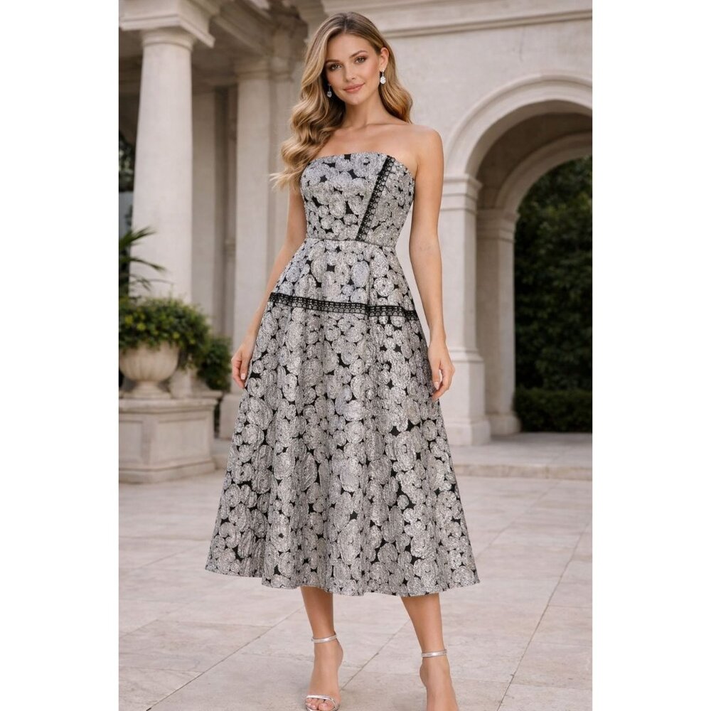 NWT $1350 Roland Mouret Strapless Embroidered Lace Lydney Dress Silver/Black 2